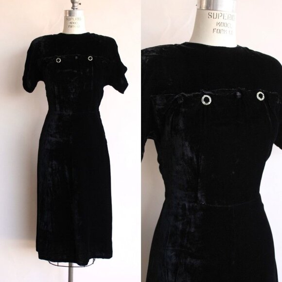 Vintage 1940s Dress, Cirilo Black Velvet Dress With Rhinestone Embellishment - Picture 1 of 12